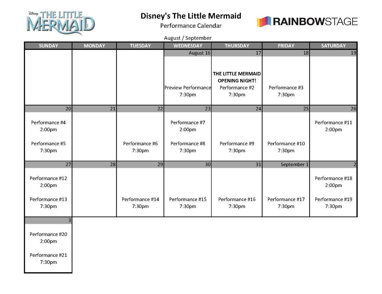 The Little Mermaid Schedule
